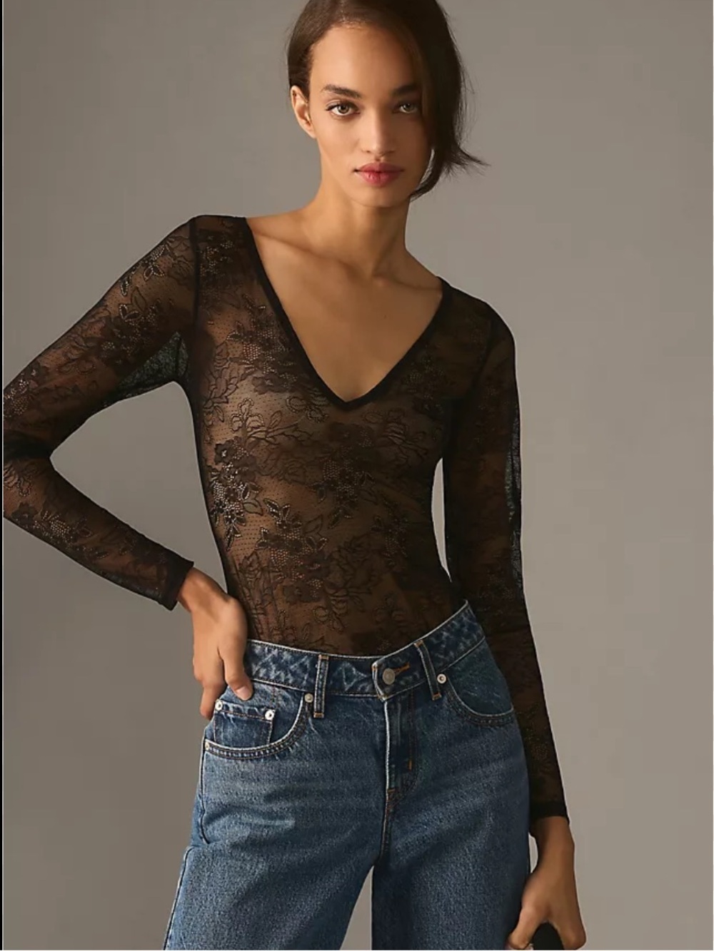 Anthropologie Deep V-Neck Lace Black Sheer Long Sleeve Bodysuit Size Small Layer